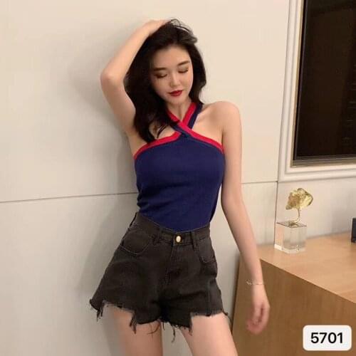 2021 Summer Sexy Camisole Sleeveless T-shirt Ladies Cross V-neck Slim Vest Girl Sleeveless Short Pure Color T-shirt Camisole Top