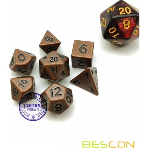 Bescon 10MM Mini Solid Metal Dice Set Antique Copper, Mini Metallic Polyhedral D&D RPG Miniature Dice 7-sets