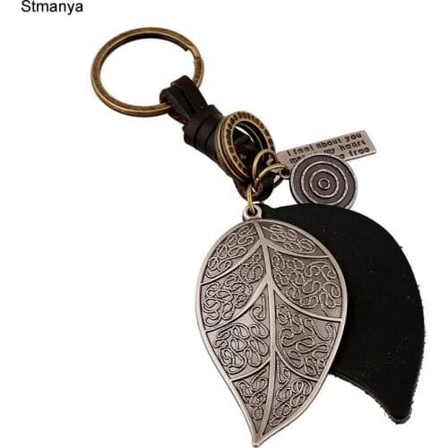 Leaves Keychian - Punk Art Genuine Leather Cut out men women key Chain bag pendant Alloy leaf Car key chain ring Jewelry 17356