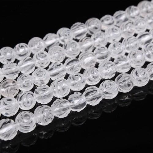 Natural Crystal Gemstone White Quartz 3D Flower Carved 6 8 10 12mm Round Beads Accessories Neckalce Bracelet DIY Jewelry Making