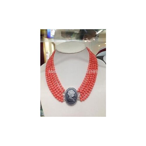 J0057 Fashion 5 Rows red coral necklace shell flower clasp AAA A0510 Chains Bridal Jewelry momen