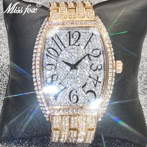 Hip Hop MISSFOX Fashion Men Wristwatch Luxury Big Dial Full Diamond Quartz Watch Male Iced Out Tonneau Clock Dropshipping 2021