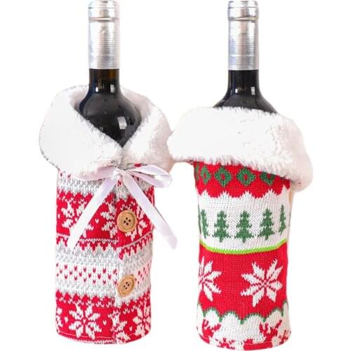 2020 New Year Home Christmas Wine Bottle Cover Xmas Bottle Cover Cap Gift Bag Nordic Knitted Elk Snowflake Wine Bottle Set