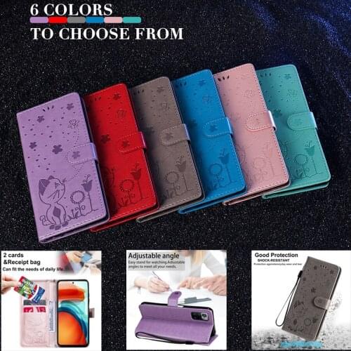 Cat Bee Anti-fall Bracket Function Wallet Leather Case For Redmi Note 10/10S/10Pro Max Note 9/8/7 Pro 9 9A 9C 9T 8 8A Mi Poco M3