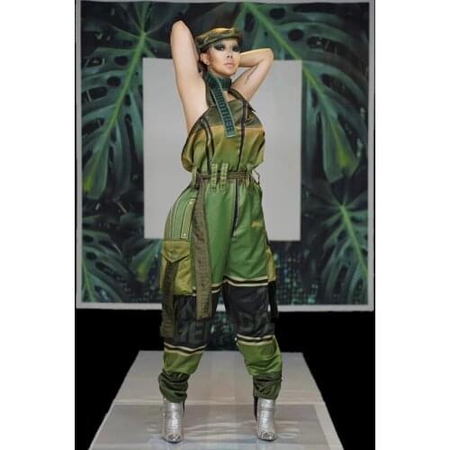 Men Women Costume Bar Nightclub Concert Stage Wear Army Green Jumpsuit Rompers Uniform Singer DJ Jazz Performance Costumes