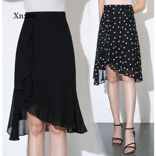 Summer Sexy Midi Mermaid Skirts Empire Slim Wrap Skirt Fashion Chiffon Dot Print Knee-Length Irregular Ruffles Beach Skirts