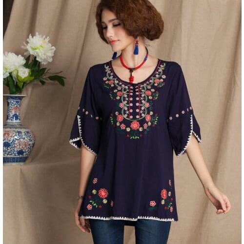 Summer Vintage Mexican Ethnic Floral Embroidery O-Neck Boho Blouse Loose Hippie Women Clothing Tops Blusas 4 Colors