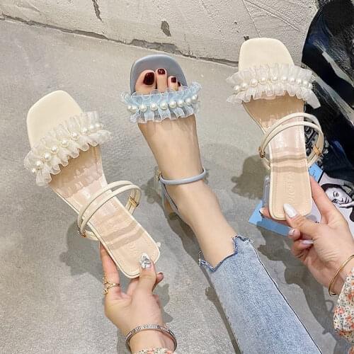 Fashion Square Crystal Heels Pearl Women Sandals 2020 Lace Ruffles String Bead High Heels Open Toe Fairy Style Female Slippers