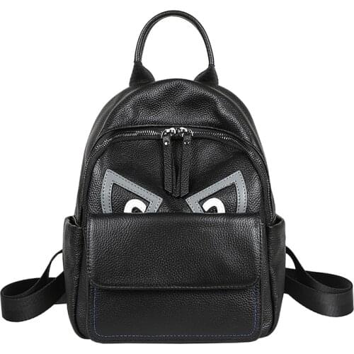 Fashion Eye Design Black Women Backpack Black 100% Genuine Cow Leather Youth Girl Bagpack Student School Bag
