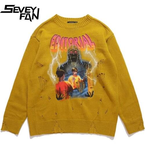 Seveyfan Mens Fashion Skull Rrinted Ripped Hole Sweater Streetwear Hip Hop Oversize Pullover Knitwear for Couples