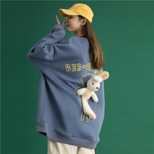Autumn and winter new fashion casual solid color cartoon itself Korean loose long-sleeved shirt sweatshirt women With rabbit