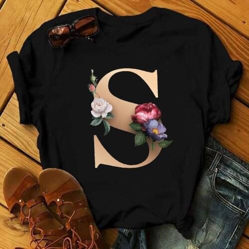 Girls Name Tops Tee Summer New Fashion Short Sleeve Unisex T-shirt 26 English Letters Flowers Printed Women Black Tshirts ABCDE