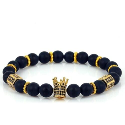 Crown Charm Bracelets 2016 Trendy Brand Men Jewelry 8mm Matte Beads & Pave Setting Black CZ Gold Crown and Cylinder Gift