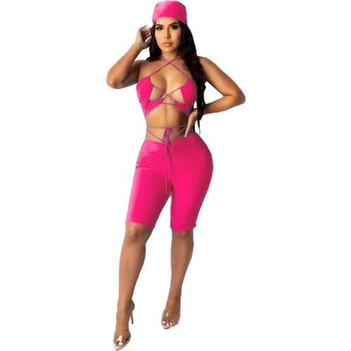 Casual Solid Bandage Short Set Women Summer 2021 Sexy Lace Up Halter Crop Top + Shorts Bodycon Club Party Two Piece Set Outfits