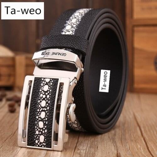 Fashion Casual Mens High Quality Cowhide Leather Belts Pearl Fish Striped Automatic Buckle Belt Mens Belts Luxury