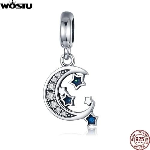 WOSTU 100% 925 Sterling Silver Starry Sky Moon & Stars Dangles Charm fit Bead Bracelet Pendant Necklace DIY Jewelry Gift CQC639