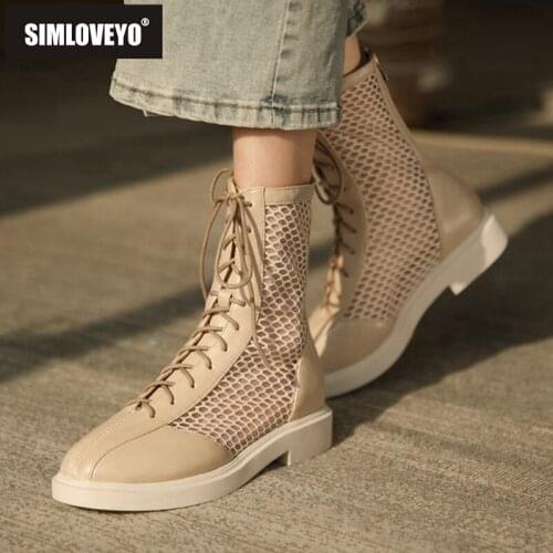 SIMLOVEYO New 2021 Women Ankle Boots Round Toe 3cm Block Heels Mesh Patchwork Lace-Up Zip Cool Breathable Big Size 43 A3618