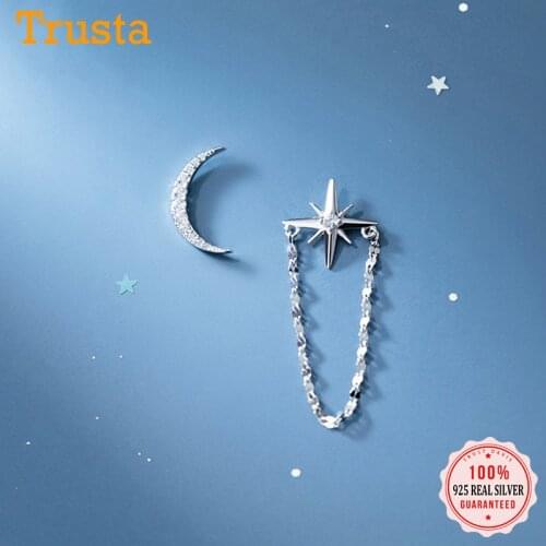 TrustDavis Real 925 Sterling Silver Fashion Asymmetric Moon Star Chain Stud Earrings For Women Party Fine S925 Jewelry DS1125