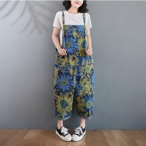 Streetwear Fashion Denim Overalls Pocket Jeans Loose Floral Jumpsuits Women Vintage Long Jeans Rompers Summer Spring 2021 New