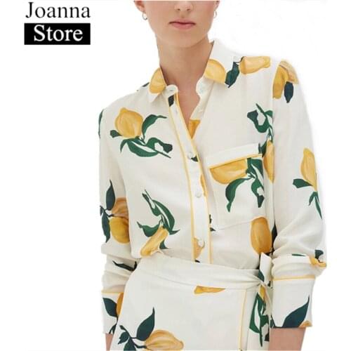 Spring New Lemon Printing 100%Silk Short Shirts Women Long Sleeve Lapel Slim Blouse Single-Breasted Pocket White Plus Size Tops