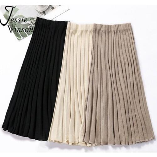 Jessie Vinson Elastic Waist Solid Pleated Knitted Long Skirt Women Spring Autumn Sweater Skirt Casual A-line Skirt Female Skirts