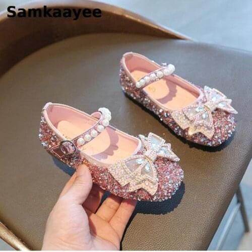0-18y Girls Leather Shoes Spring Autumn Children Princess Crystal Shoes Kids Glitter Bow Butterfly Knot Pink Dance Footwear S53