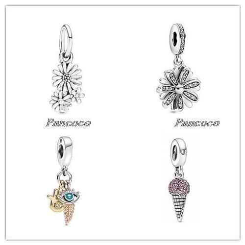 925 Sterling Silver Charm Pave Ice Cream Cone With Pink & Clear Crystal Beads Fit Women Pandora Bracelet & Necklace DIY Jewelry