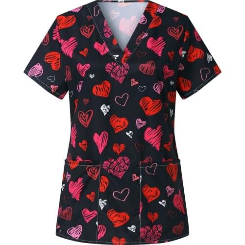 2021 new Women Animal Print Casual Short Sleeve V-neck Carer Top Cartoon Dog Print Blouse Female Overalls Nurse Медицина Одежда