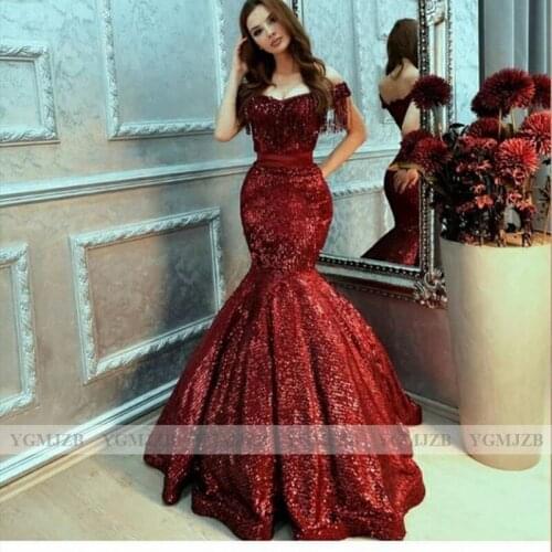 Burgundy Sequined Evening Dresses Long Mermaid 2020 Off Shoulder Tassels Formal Dress Women Elegant Plus Size Robe De Soiree
