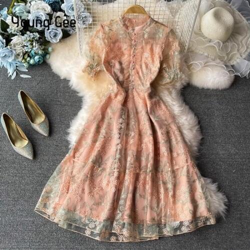Young Gee Summer Elegant Stand Collar Luxury Lace Floral Embroidery Vestidos Fashion Slim Ruffles Party Dress High Waist Dresses