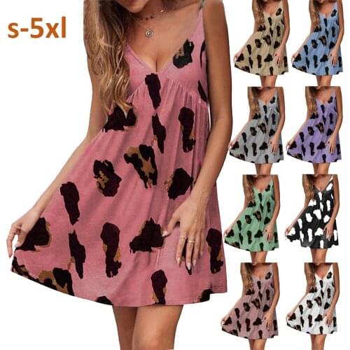 Vin beauty Leopard Print Loose Sleeveless Dress Mid-Waist Sling Short Skirt Ladies Summer Beach Street Breathable Casual Dress