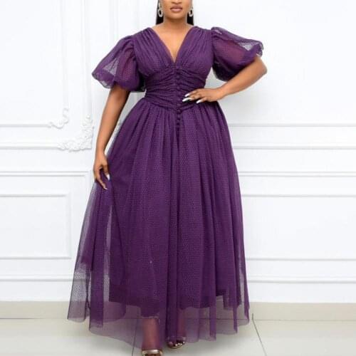 African Formal Dress Women Mesh Patchwork V Neck Women Solid Color Large Hem Waist Tied Elegant Purple Dress Wedding Vestidos