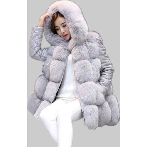Women Winter Overcoat Outwear PU Leather Removable Sleeves Faux Fur Coat With Hooded Thick Warm Faux Fox Fur Jacket