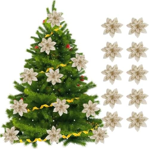 10PCS Christmas Flowers Xmas Christmas Tree Decorations Glitter Wedding Party New Year Artificial Flowers Decor Drop Shipping