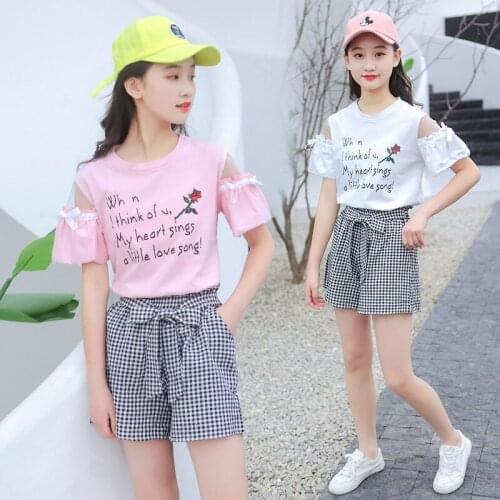 2021 Summer baby Girls Clothes Toddler Child Kids floral Strapless Top t shirt + plaid Shorts pant 3 4 5 6 7 8 9 10 11 12 Years