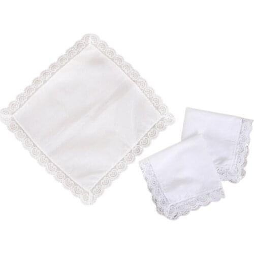 25x25cm Women Plain White Square Handkerchiefs Crochet Peach Heart Scalloped Lace Trim Bridal Wedding DIY Cotton Napkin Hankies
