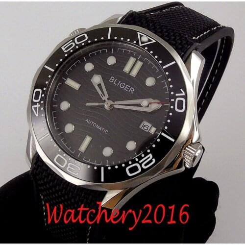41mm Bliger Black Dial Luminous Rubber Ceramic Bezel Sapphire Glass NH35 Date Automatic Mens Watch