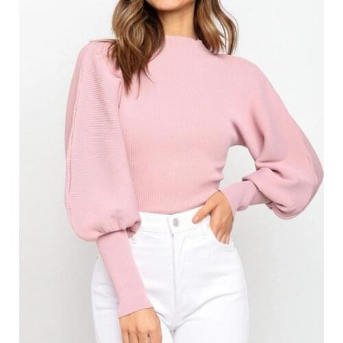 Autumn Women Solid Color Sweater Turtle Neck Long Puff Sleeve Knitted Pullover