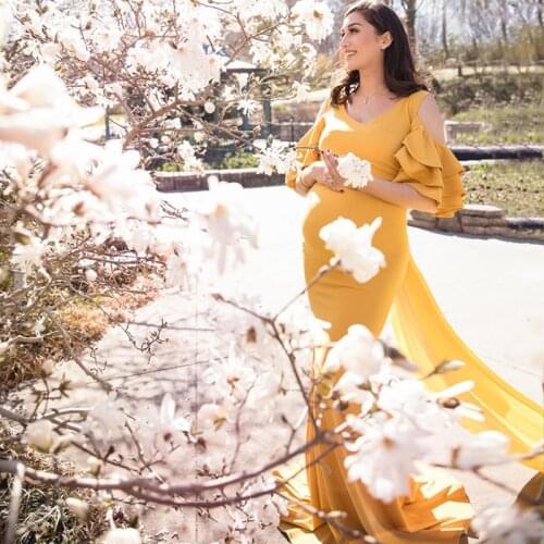 European American Women Stretch Pregnant Ruffled Collar Trailing Long Dress Photoshoot Manternity Robe Shooting Grossesse