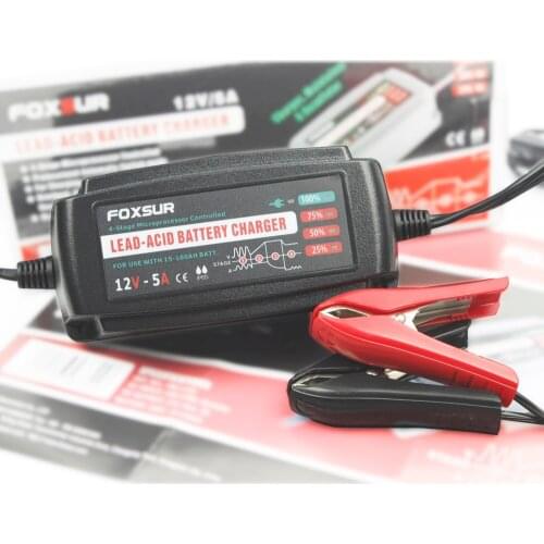 FOXSUR 12V 5A 4-stage smart Lead Acid Battery Charger Car battery charger pulse charge Desulfator 100-240V input