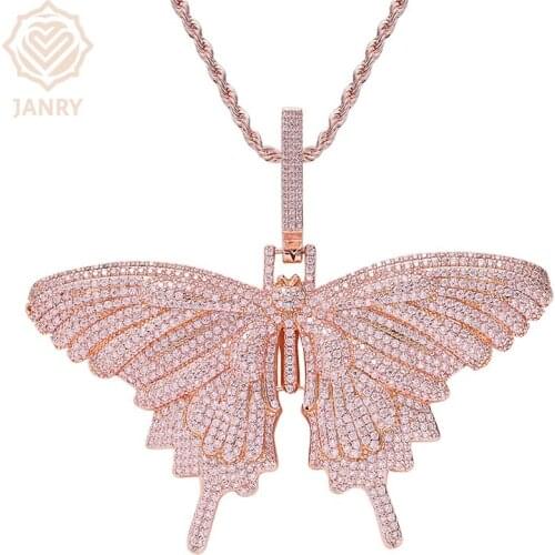 JANRY High Quality Pink Big Butterfly Pendant Necklace Zircon Hip Hop Necklace With Rope Chain Or Tennis Chain For Men Women
