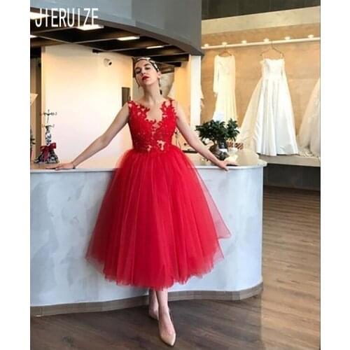 JIERUIZE Red Short Prom Dresses O Neck Zipper Back Lace Appliques Tulle A Line Party Dresses Evening Gowns vestidos de fiesta
