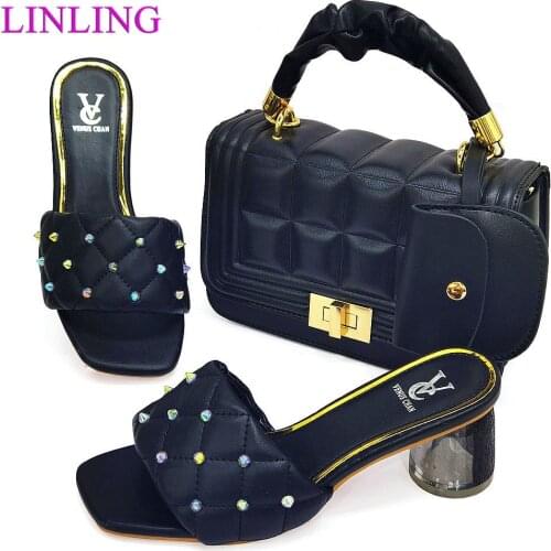 Blue 2021 Nigerian Party Shoes and Bags Sets Decorated with Rhinestone African Wedding Shoe and Bag Set Party Shoes and Bags