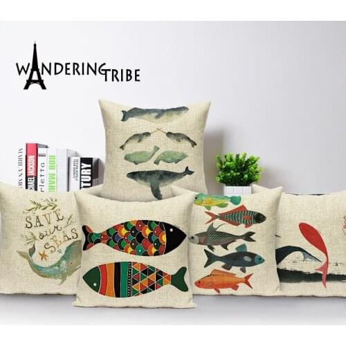Square Soft Cushion cover Marine Decoration Fish Pillow Seat Car Custom Linen Home Textile Colorful Pure Cushion Covers