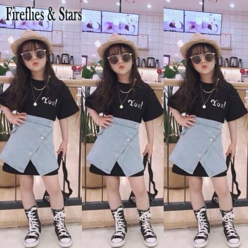 Summer girls 2 pcs set baby tee shirt + denim skirt kids suit children set fashion streetwear solid split snap 4 to 14 yrs