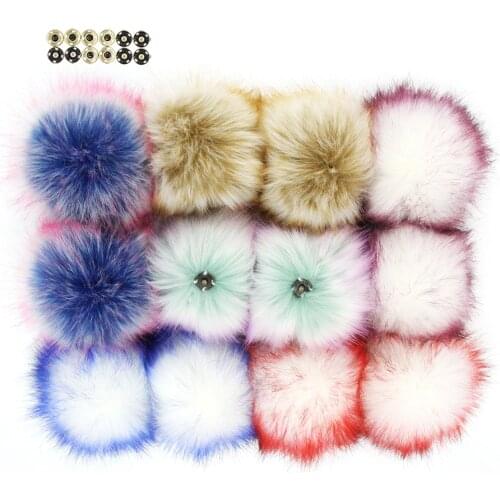 Multicolor 12pcs Faux Fox Fur Pompoms 12CM/4.7inch Pompoms With Press Snap Button for Beanie Hats
