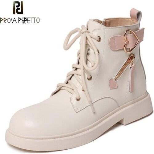Fashion Martin Boots Thick with Cross Straps Cool Side Zipper Love Buckle Round Head Cowhide Comfortable Low-heeled Ankle Boots
