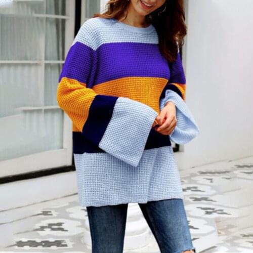 Fashion Autumn and Winter Womens Fashion Long Sleeve Warm Striped O-Neck Patchwork Pullover Vintage Minimalist Casual Sweaters
