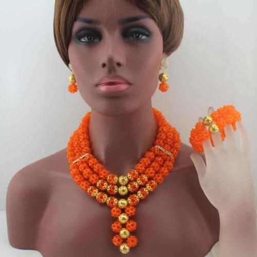 New Latest Nigerian Party earrings Beads Women Choker Necklace Jewlery Set Orange Crystal African Jewelry Sets W14023