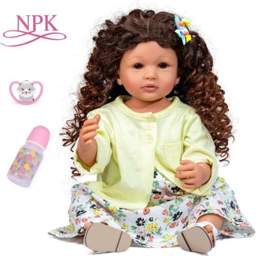 NPK 55CM Brown tan skin reborn toddler girl Curly hair princess dress Real size bath toy very soft full body silicone girl doll